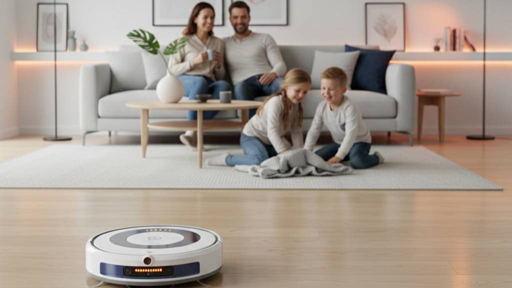 robot vacuum cleaning in background