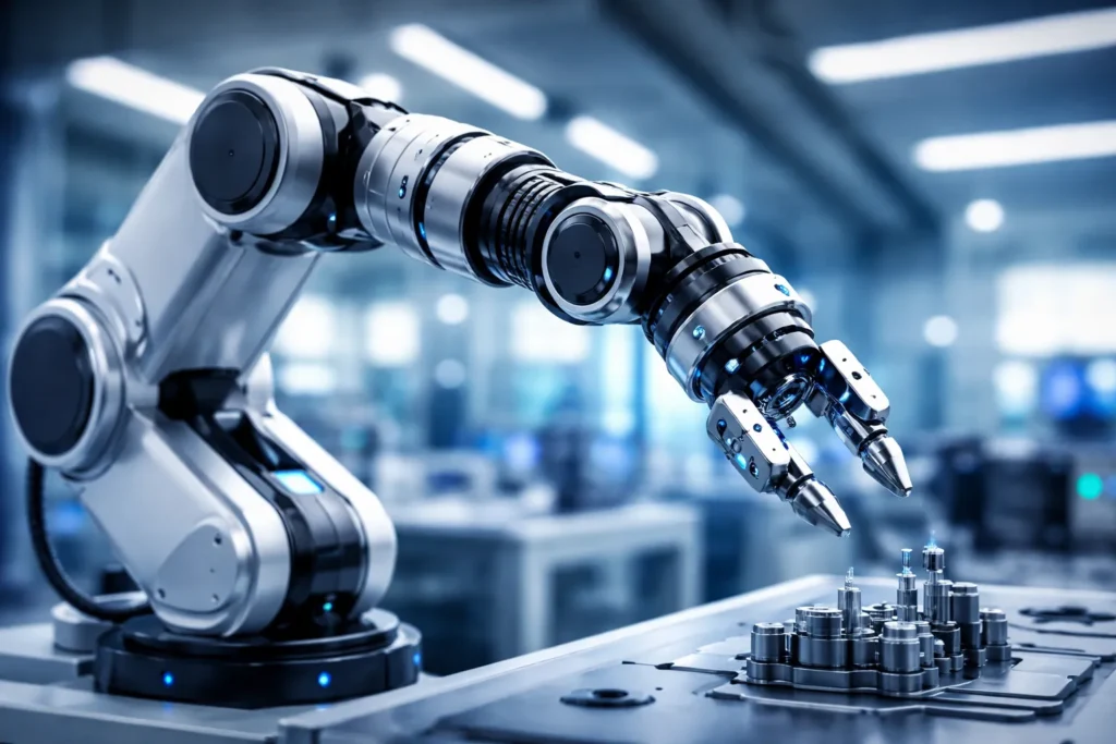 Moderne robotarm in hightech fabriek die precisieonderdelen assembleert.