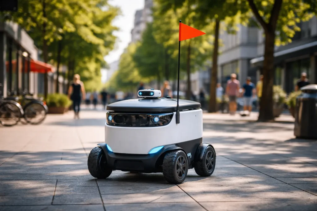 Autonome bezorgrobot op een zonnige stadsstoep