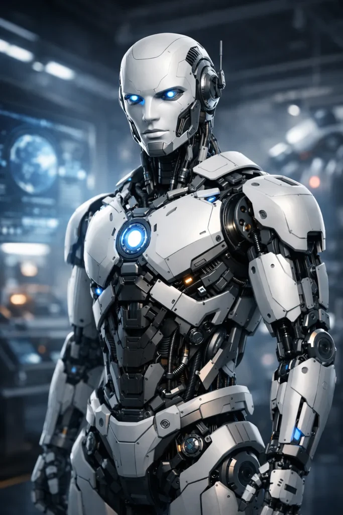 Realistische humanoïde robot die rechtop staat in een futuristische ruimte.