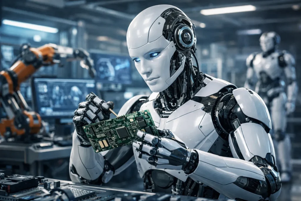 Moderne robotarm aan het werk in een hightech laboratorium.