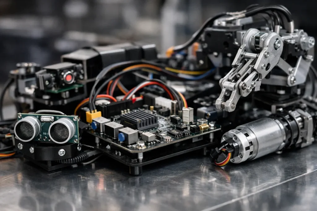 Close-up van robotsensoren, printplaat en actuator in een realistische opstelling.