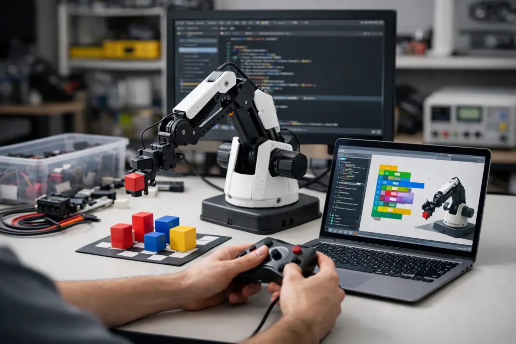 Persoon programmeert een educatieve robot op een bureau met laptop en kabels