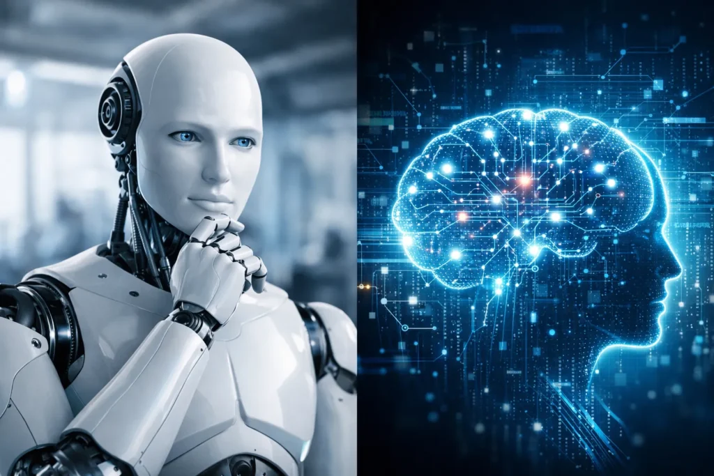 Humanoïde robot naast digitale weergave van een AI-brein met lichtgevende circuits.