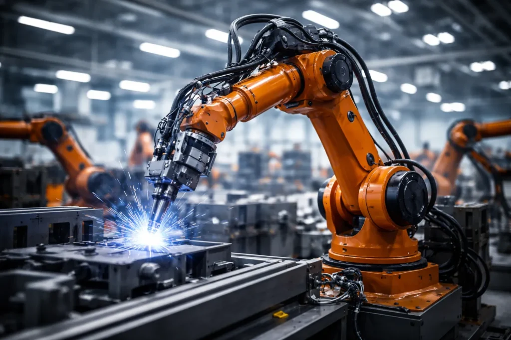 Industriële robotarm die metaal last in een geautomatiseerde fabriekshal.