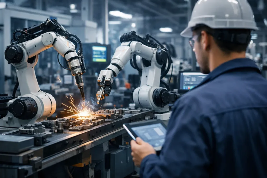 Ingenieur bewaakt industriële robots tijdens geautomatiseerde productie in fabriek