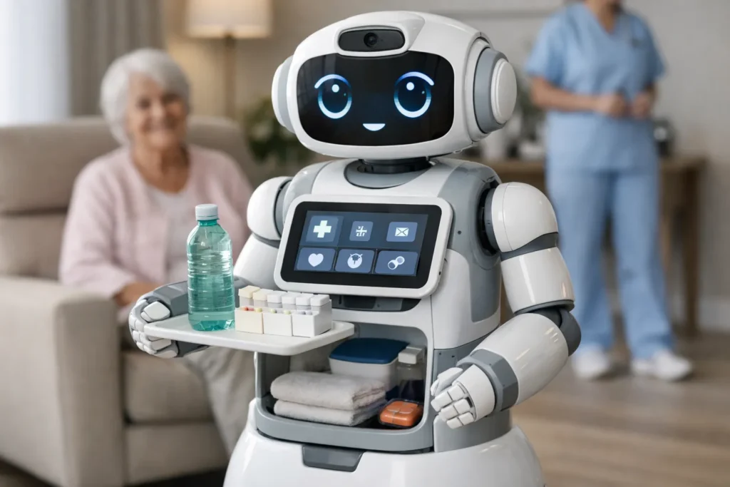 Een moderne zorgrobot helpt een oudere vrouw in een verzorgingshuis.