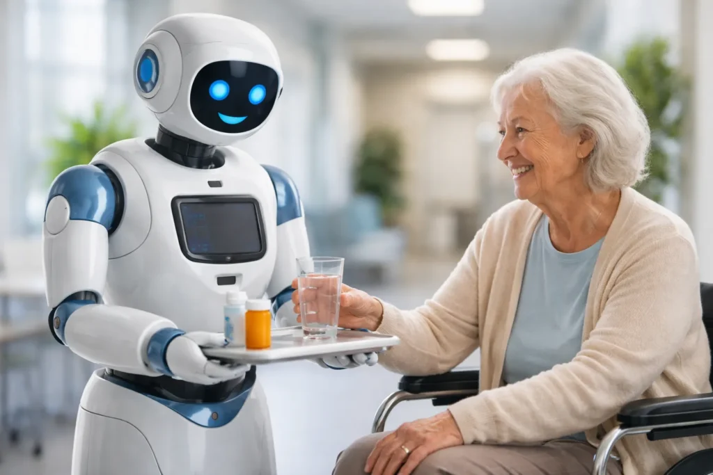 Realistische zorgrobot ondersteunt een oudere vrouw in een moderne woonkamer.