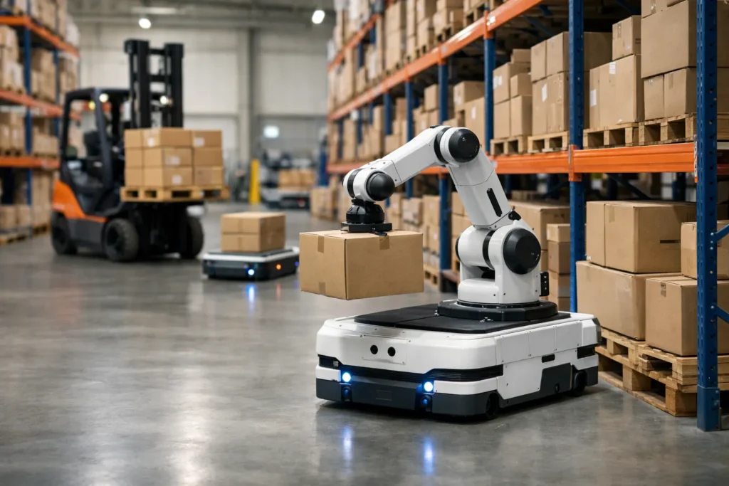 Autonome robot die goederen vervoert in een modern magazijn met hoge stellingen.