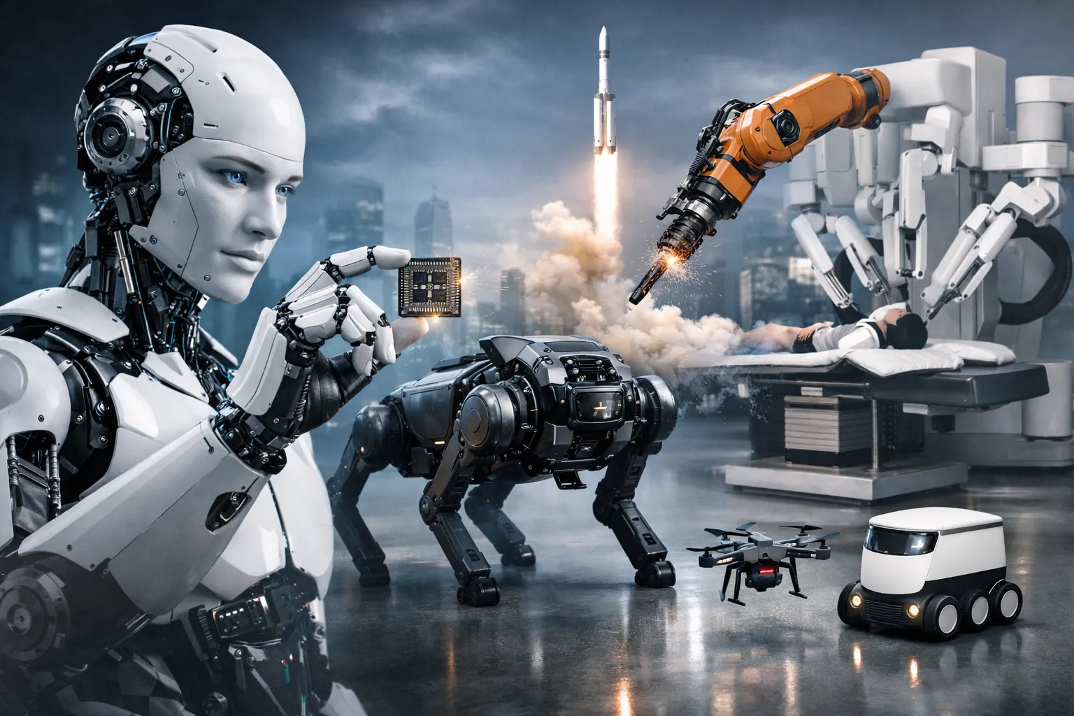 Verschillende moderne robots in een futuristische omgeving, waaronder een humanoïde robot, een industriële robotarm, een medische robot en een drone.