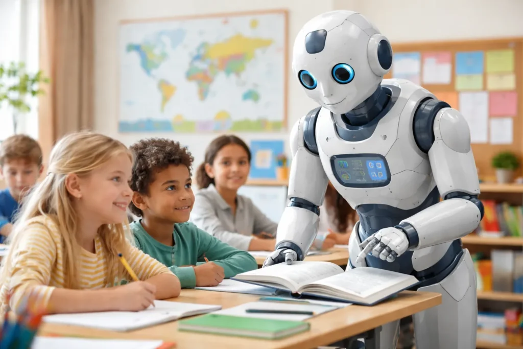 Educatieve robot helpt leerlingen in een basisschoolklas.