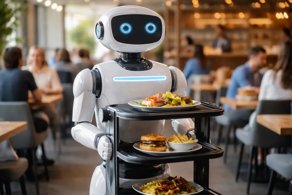 Humanoïde robot die eten serveert in een druk restaurant.
