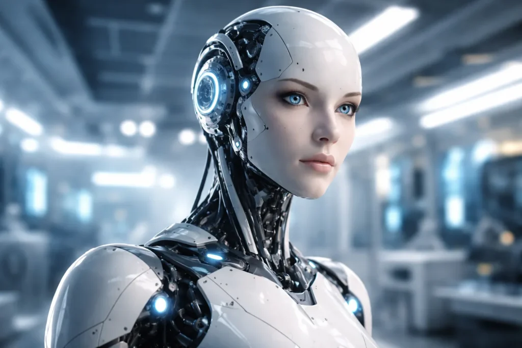 Close-up van een realistische humanoïde robot in een futuristisch laboratorium.