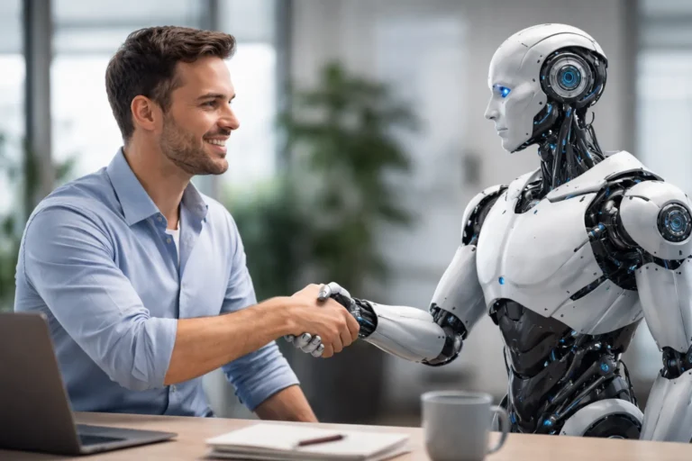 Realistische afbeelding van een mens en een robot die samenwerken in een moderne ruimte.