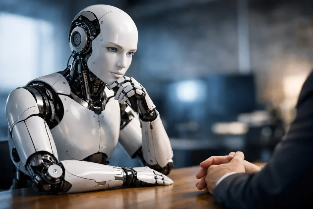 Realistische humanoïde robot zittend in een moderne ruimte, nadenkend en mensachtig vormgegeven.