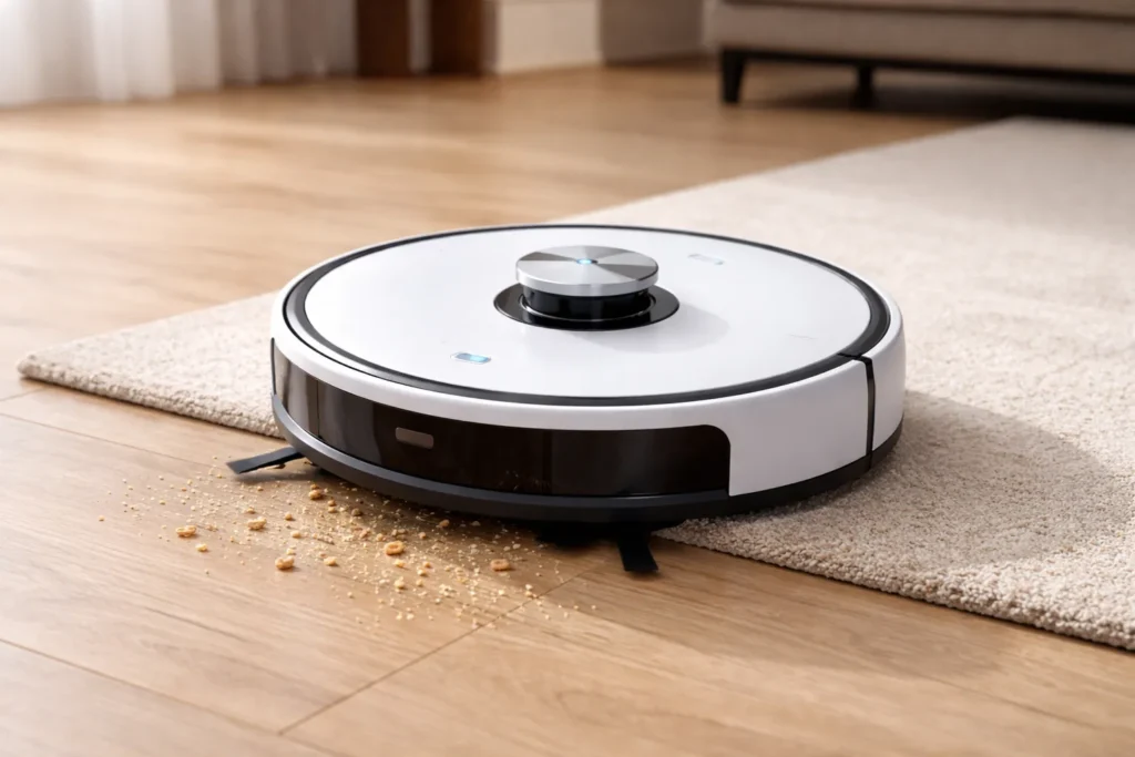 Moderne robotstofzuiger die kruimels opzuigt van een houten vloer naast een vloerkleed.