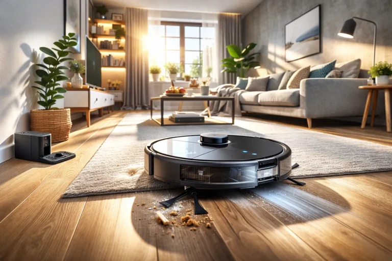 Robotstofzuiger die kruimels op houten vloer schoonmaakt in lichte woonkamer