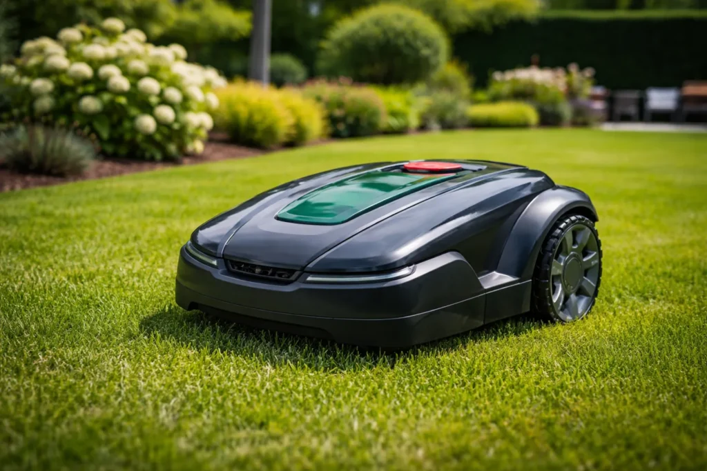 Zwarte robotmaaier op een groen gazon in een verzorgde tuin.