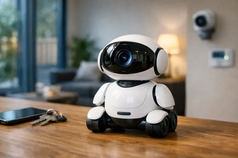 Kleine beveiligingsrobot in moderne woonkamer met camera en tablet
