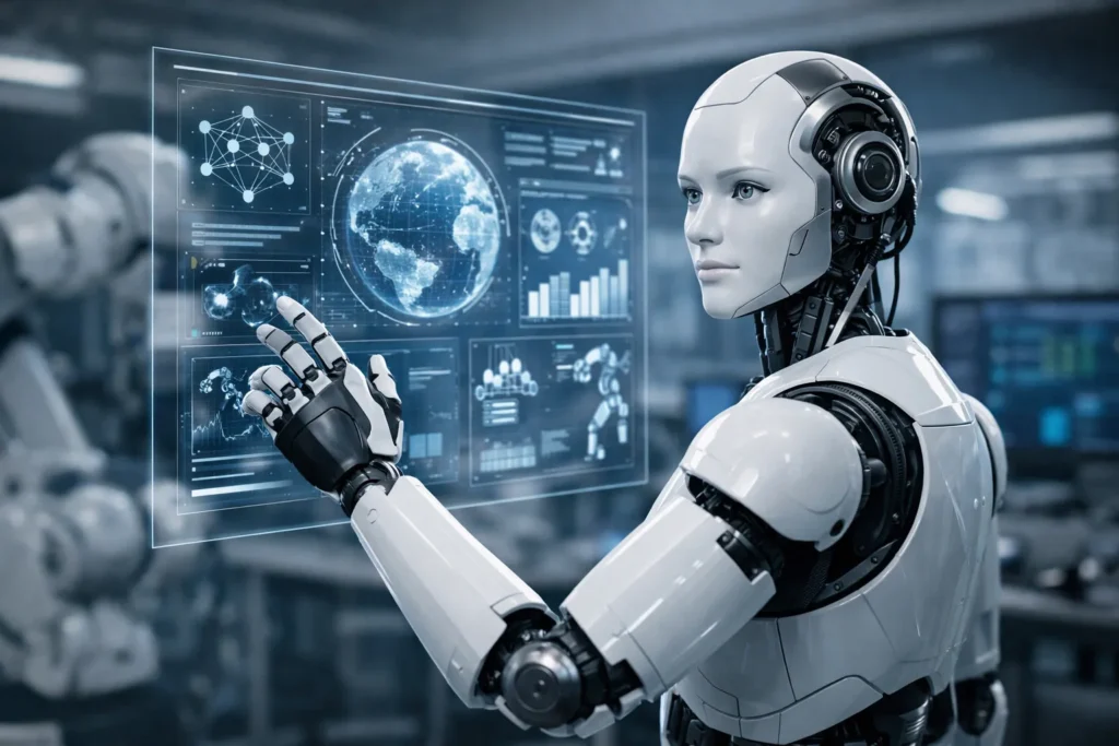 Realistische AI-robot die zelfstandig werkt in een moderne ruimte.