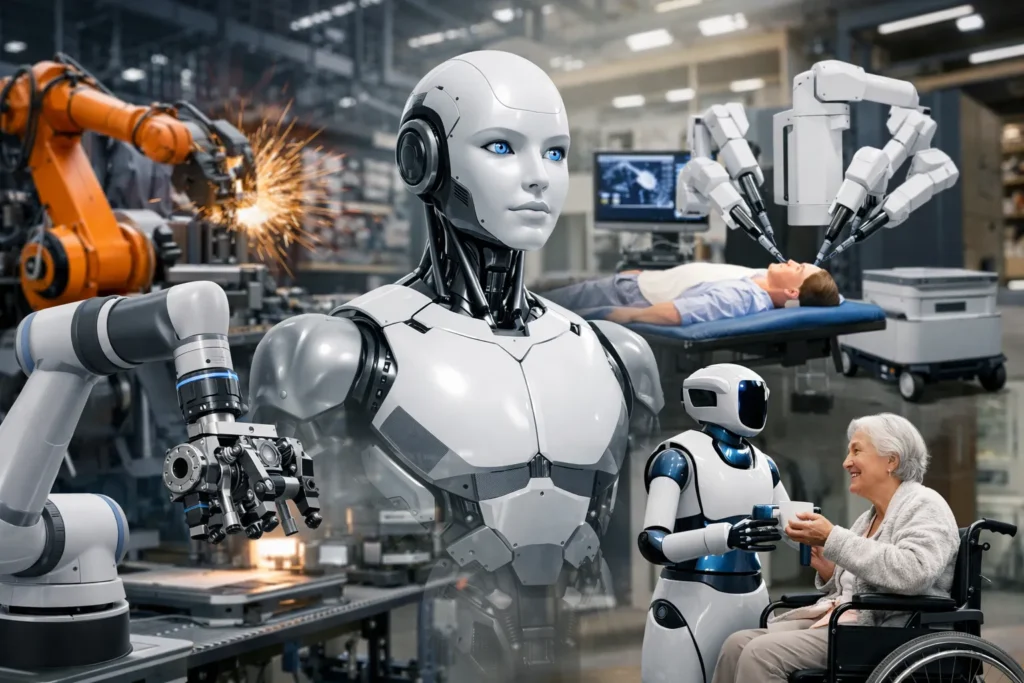 Verschillende robots in fabriek en zorgomgeving met industriële arm en zorgrobot.