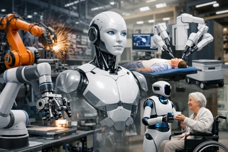 Verschillende robots in fabriek en zorgomgeving met industriële arm en zorgrobot.